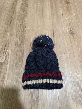 Kids Navy Pom Pom Beanie with Red and Cream Stripes